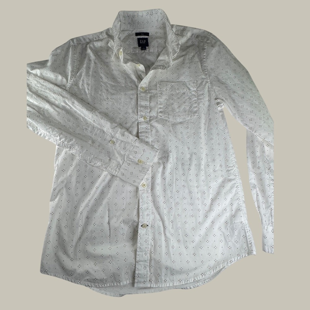 Gap Mens Slim Fit Button Down Shirt Size S White Dotted Print Cotton Long Sleeve